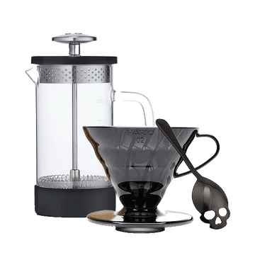 coffee accessories - french press, black v60 dripper, skull spoon