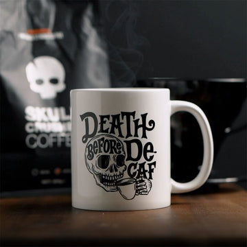 skull crusher coffee with death before decaf mug