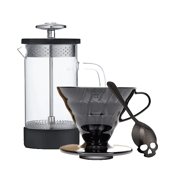 coffee accessories - french press, black v60 dripper, skull spoon