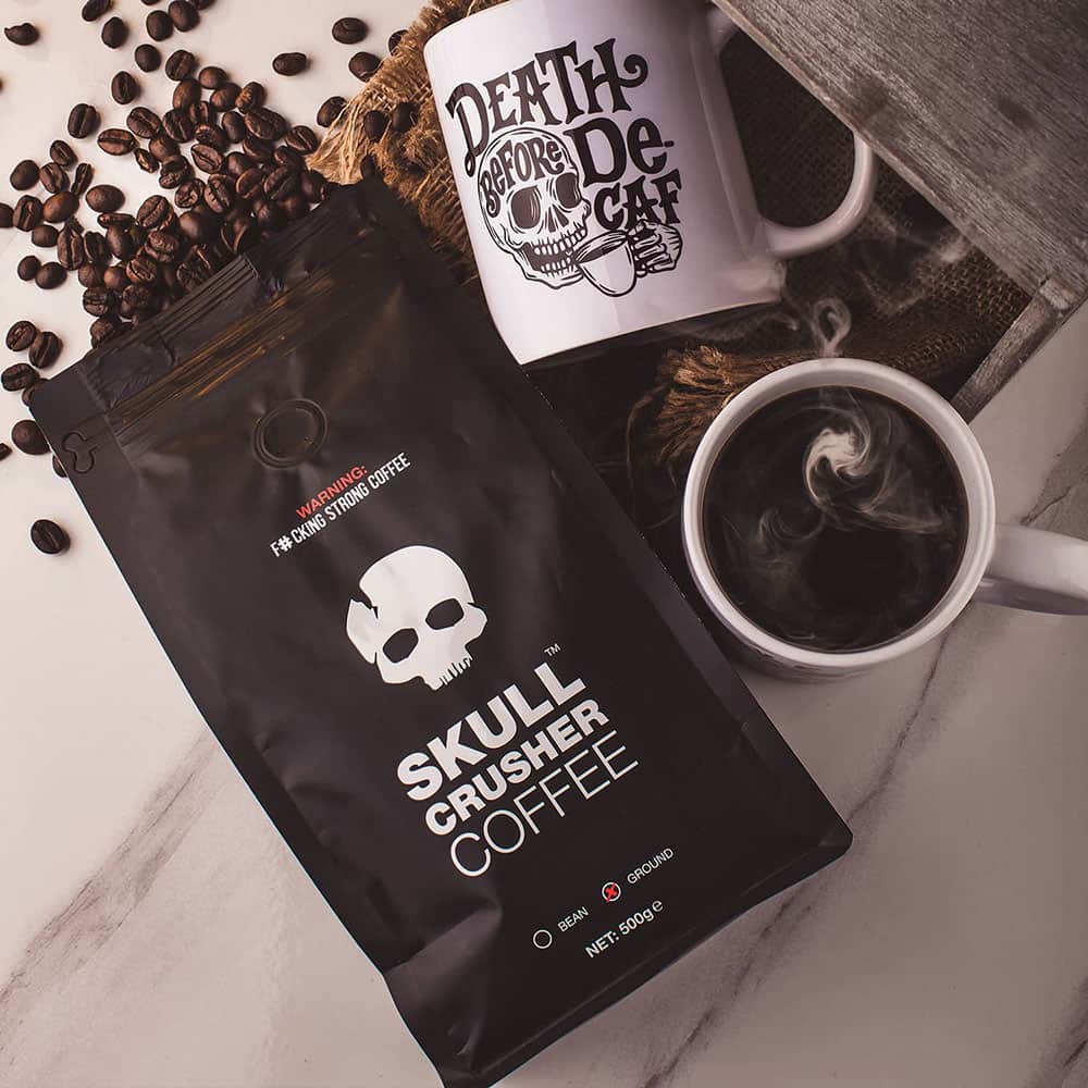 skull crusher coffee with death before decaf mug